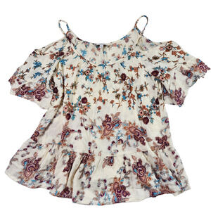 Patrons of Peace BOHO Blouse Top S Women Floral Paisley Cream Blue Cold Shoulder